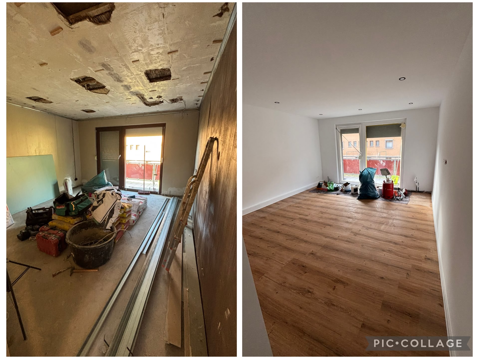 Wohnraum vorher mit offener Decke, nachher mit Vinylboden und Spot-Beleuchtung