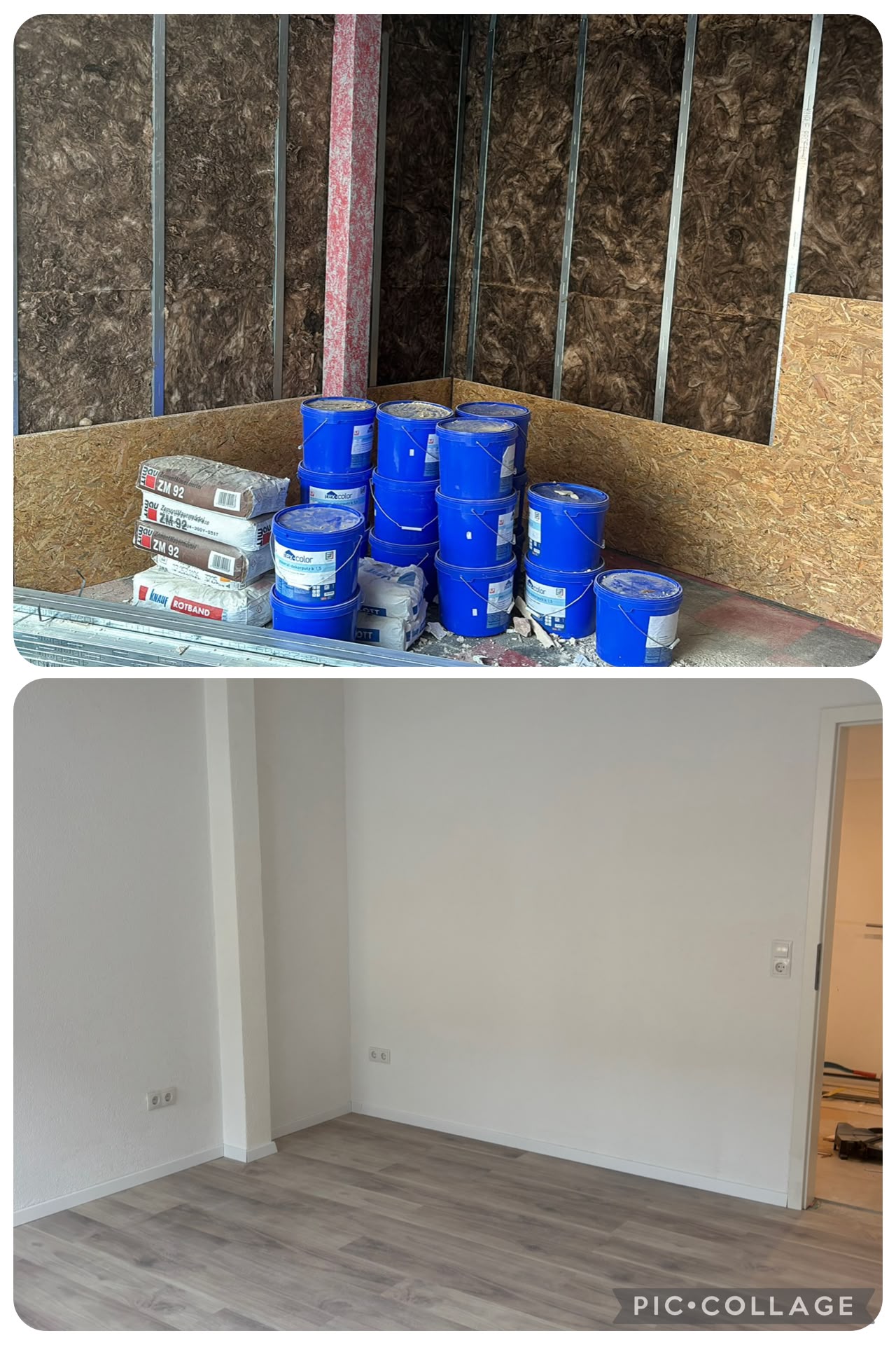 Dämmmaterial und Baueimer vorher, fertige graue Wand mit Boden nachher