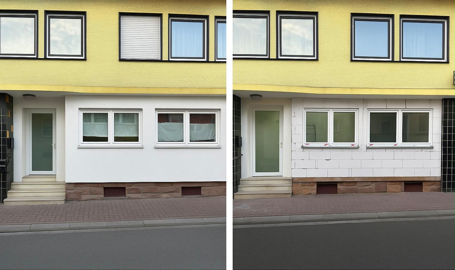 Hauseingang vorher mit Putzfassade, nachher gemauert und vorbereitet