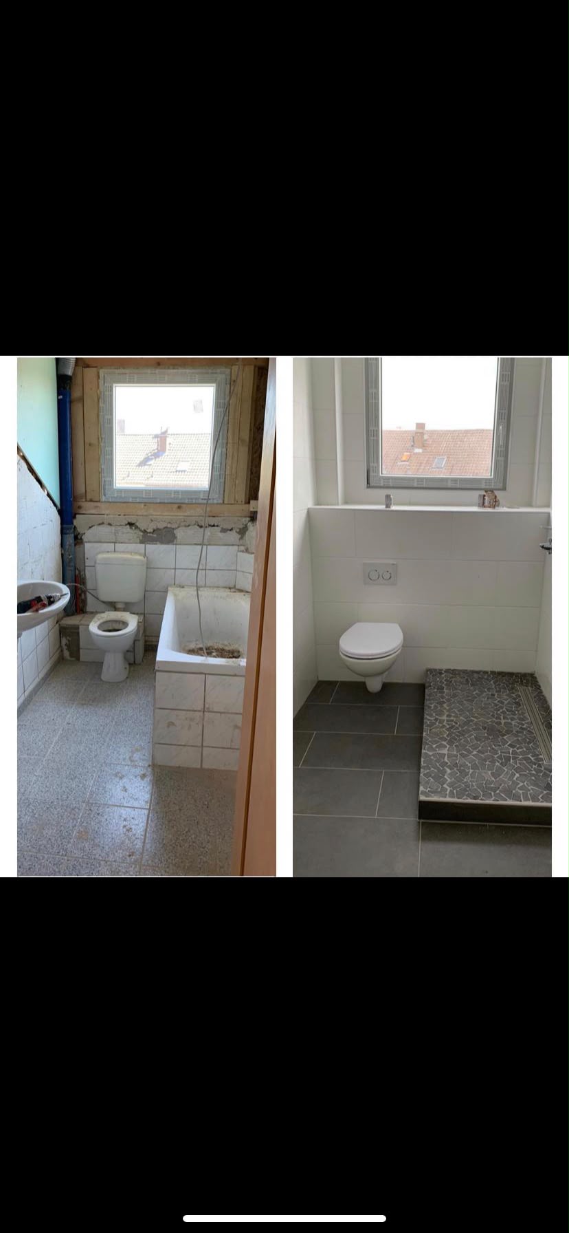 Badezimmer vorher im Rohzustand, nachher mit Fliesen und neuer Sanitärinstallation