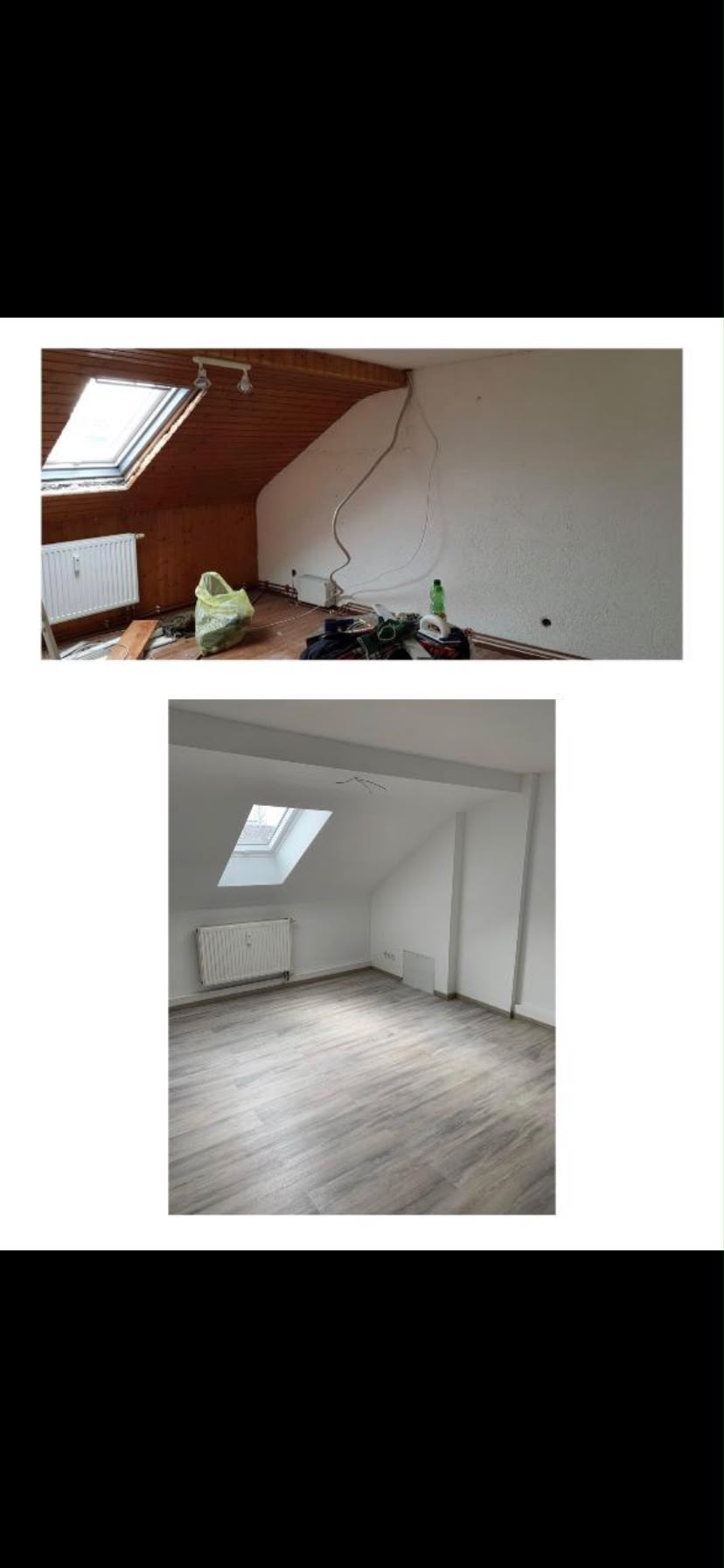 Dachschräge mit Holzverkleidung vorher, heller Dachgeschossraum nachher