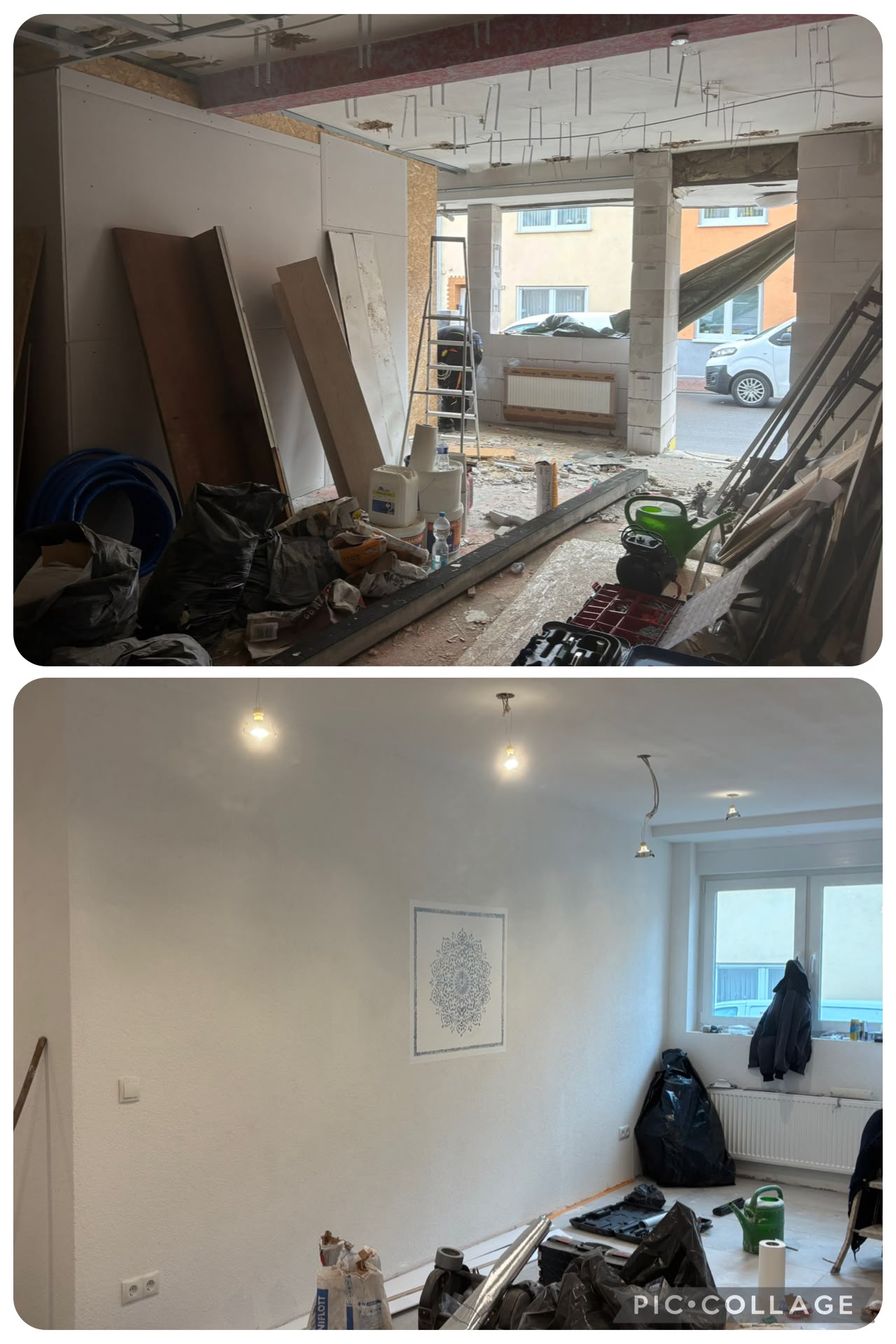 Baustelle mit Rohinstallation vorher, fertiger Raum mit Wandbild und Pendelleuchten nachher