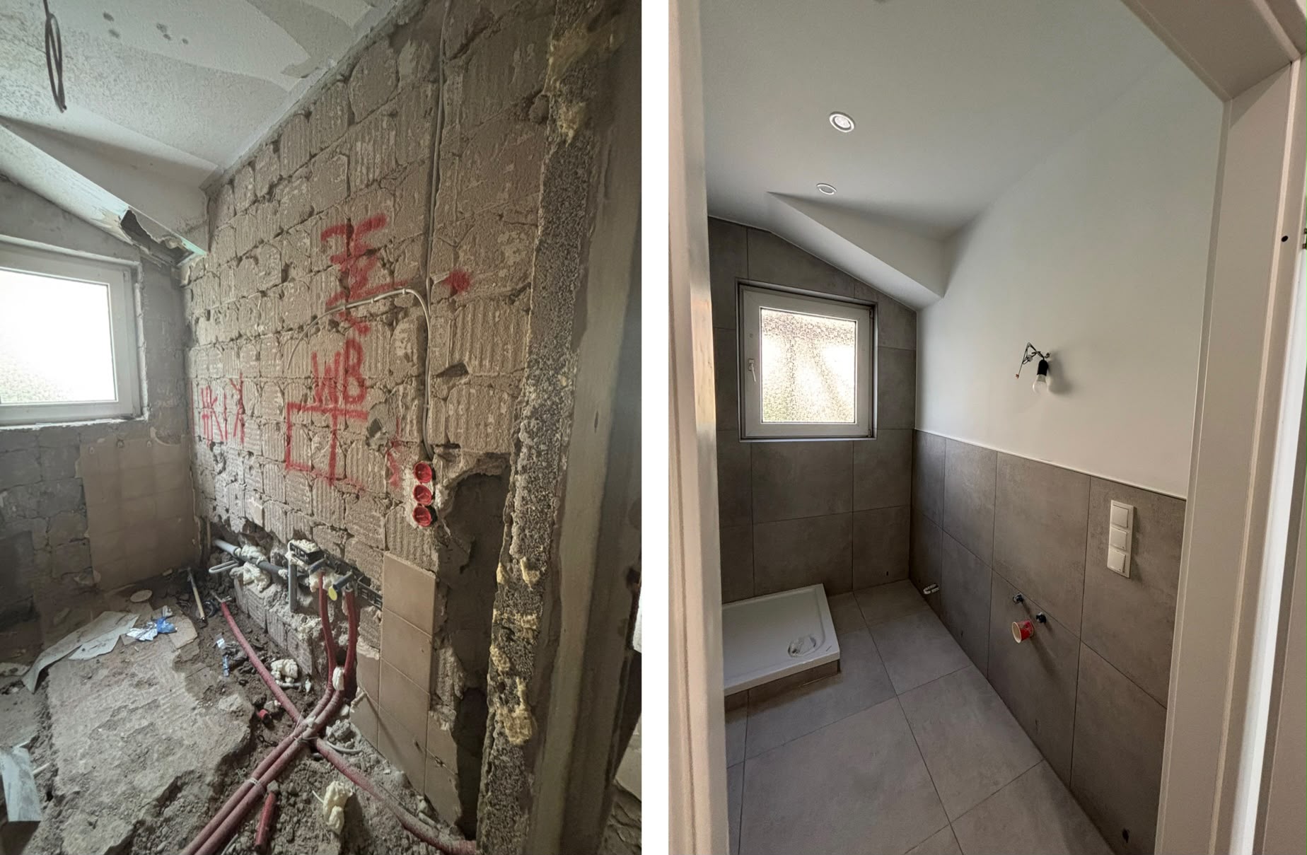 Rohbau-Wand mit Installationen vorher, gefliestes Bad unter Dachschräge nachher