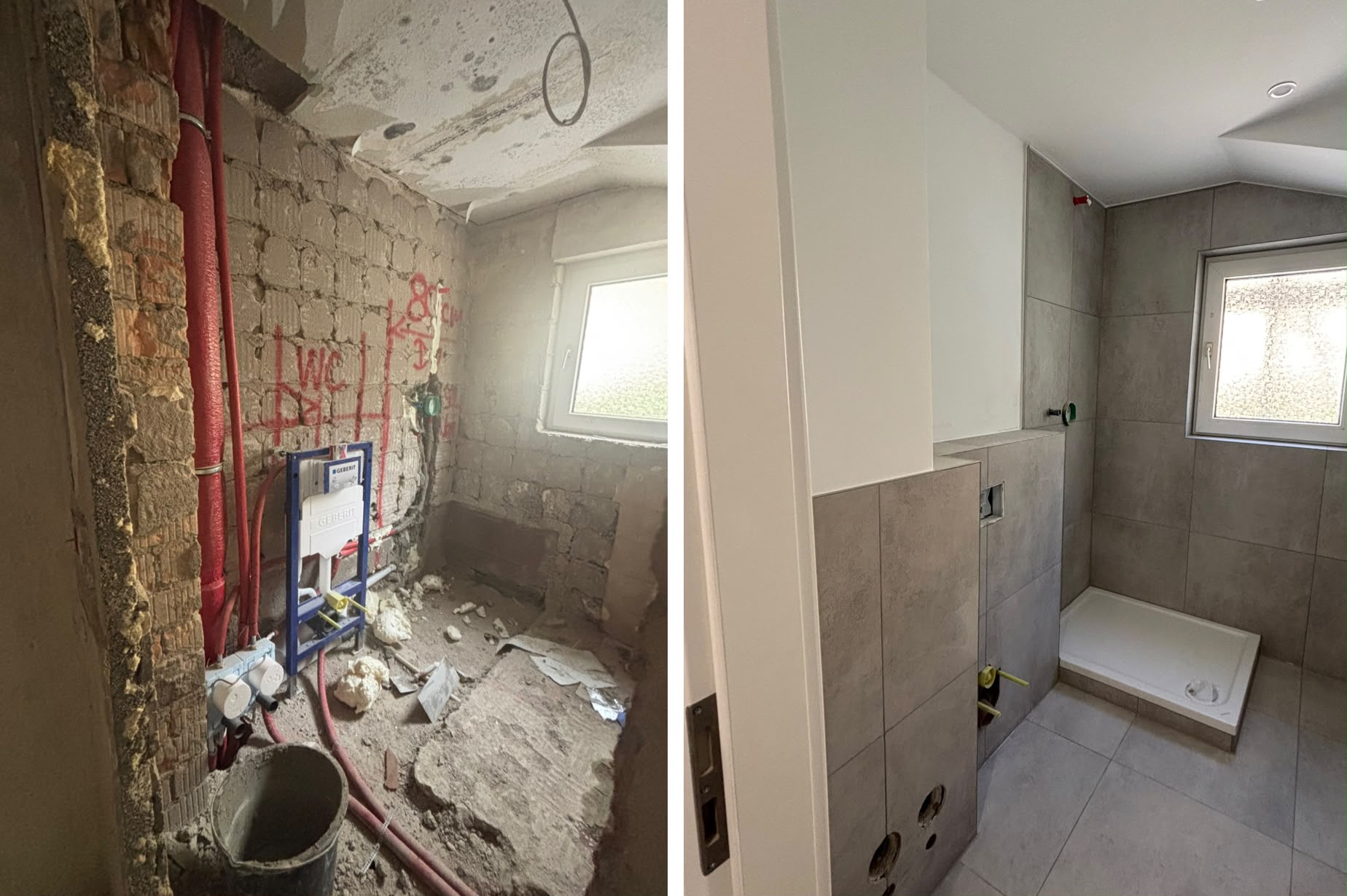 Bad-Rohbau mit Geberit-Installation vorher, gefliester Duschbereich nachher